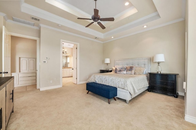 4321 Lakeway Blvd, Austin, TX 78734 - bedroom with a raised ceiling, light carpet, crown molding, recessed lighting, and ensuite bath