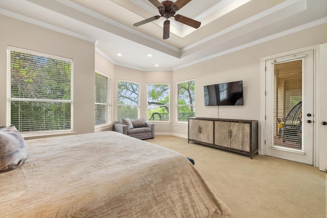 4321 Lakeway Blvd, Austin, TX 78734 - bedroom featuring ornamental molding, a raised ceiling, carpet, access to exterior, and recessed lighting