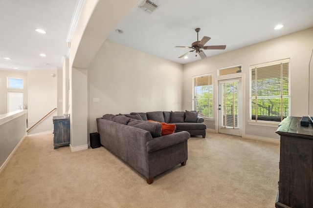 4321 Lakeway Blvd, Austin, TX 78734 - living room with light colored carpet, ceiling fan, and recessed lighting