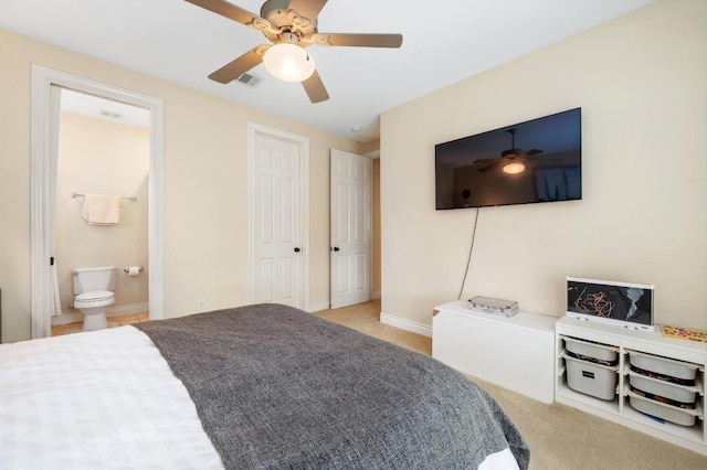 4321 Lakeway Blvd, Austin, TX 78734 - bedroom featuring light colored carpet, ceiling fan, and connected bathroom