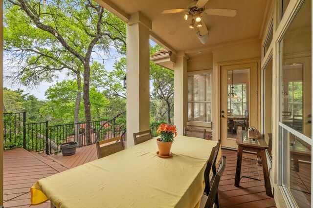 4321 Lakeway Blvd, Austin, TX 78734 - wooden deck with ceiling fan and outdoor dining area