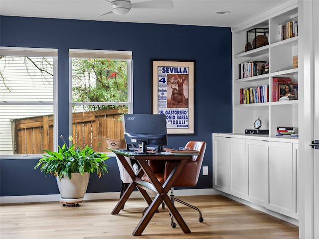 1004 Maufrais St, Austin, TX 78703 - office space with light wood finished floors, built in features, and a ceiling fan