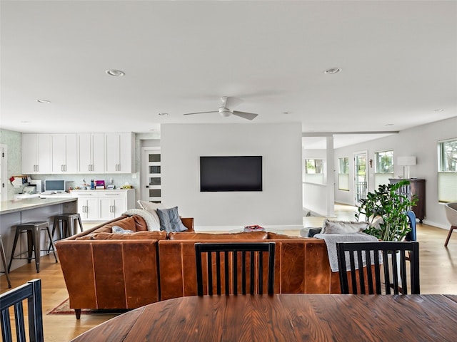 1004 Maufrais St, Austin, TX 78703 - dining space featuring light wood finished floors, ceiling fan, and recessed lighting