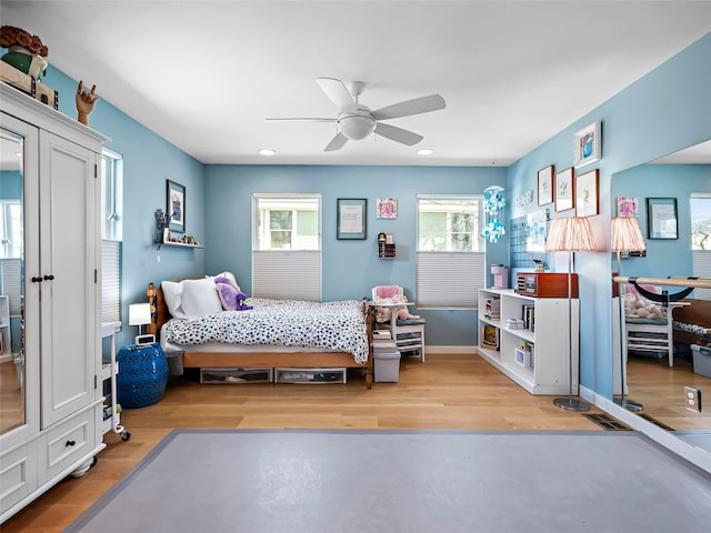 1004 Maufrais St, Austin, TX 78703 - bedroom featuring recessed lighting, light wood-style floors, and ceiling fan