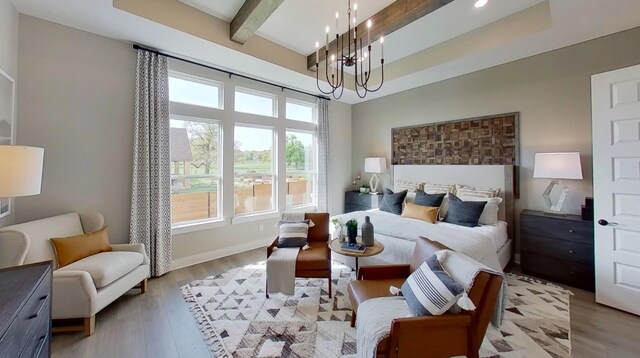 2301 Tobiano Trce, Georgetown, TX 78633 - bedroom with a chandelier, light wood-style floors, baseboards, beam ceiling, and recessed lighting