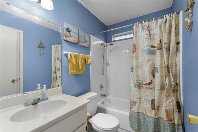 full bathroom featuring toilet, a textured wall, a textured ceiling, shower / bathtub combination with curtain, and vanity