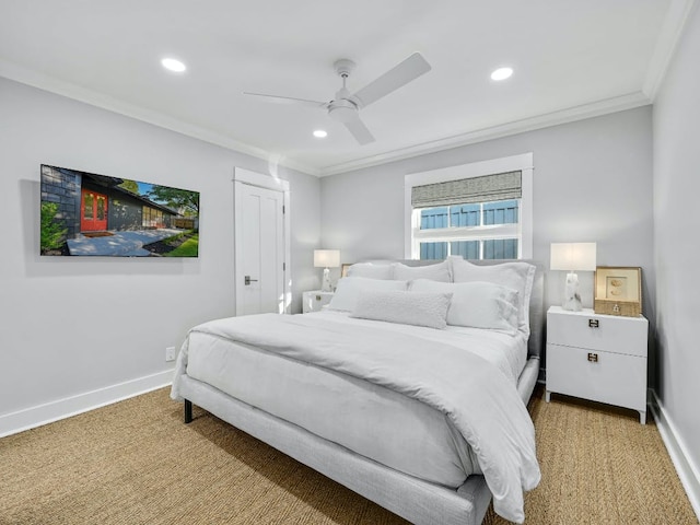 2610 Jefferson St, Austin, TX 78703 - bedroom with crown molding, recessed lighting, light carpet, and ceiling fan