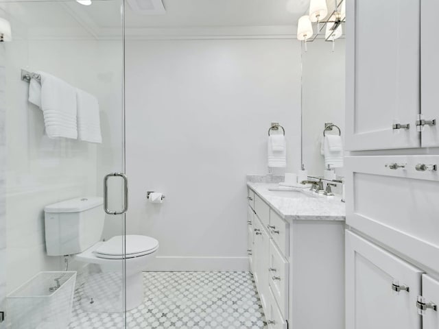 2610 Jefferson St, Austin, TX 78703 - full bath with vanity, crown molding, and a shower stall