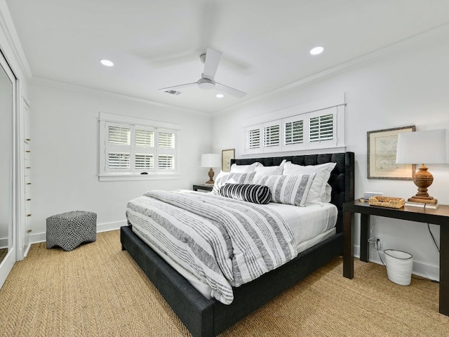 2610 Jefferson St, Austin, TX 78703 - bedroom featuring ornamental molding, recessed lighting, carpet floors, and ceiling fan