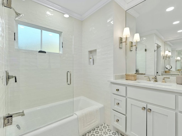 2610 Jefferson St, Austin, TX 78703 - full bathroom with crown molding, vanity, recessed lighting, and bath / shower combo with glass door