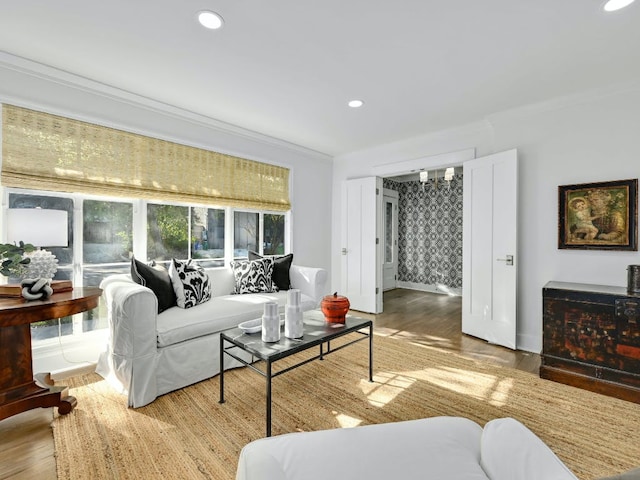 2610 Jefferson St, Austin, TX 78703 - living room with wood finished floors, recessed lighting, and ornamental molding