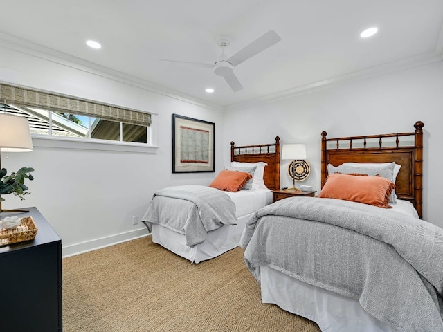 2610 Jefferson St, Austin, TX 78703 - carpeted bedroom with ornamental molding, recessed lighting, and a ceiling fan
