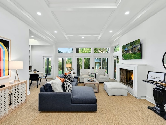 2610 Jefferson St, Austin, TX 78703 - carpeted living room with recessed lighting, a premium fireplace, coffered ceiling, ornamental molding, and beam ceiling
