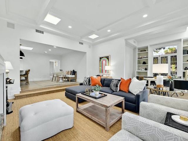 2610 Jefferson St, Austin, TX 78703 - living room with recessed lighting, beamed ceiling, and coffered ceiling