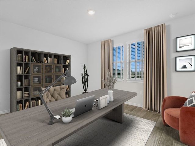 office area featuring baseboards, wood finished floors, and recessed lighting