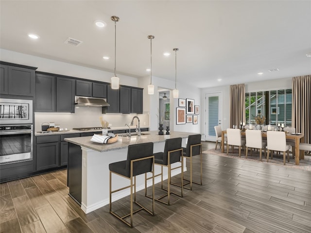 kitchen featuring dark wood-style flooring, light stone counters, a sink, appliances with stainless steel finishes, and under cabinet range hood