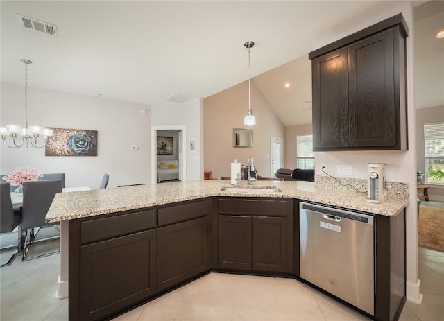 17504 Village Dr, Dripping Springs, TX 78620 - kitchen with dishwasher, a sink, dark brown cabinetry, plenty of natural light, and lofted ceiling