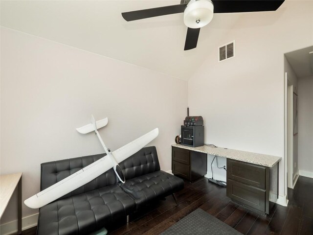 17504 Village Dr, Dripping Springs, TX 78620 - office with dark wood-style flooring, a ceiling fan, lofted ceiling, and baseboards