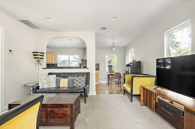 512 Bouldin Ave, Austin, TX 78704 - carpeted living area with arched walkways and recessed lighting