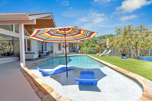 402 Eagle, Lakeway, TX 78734 - view of pool with a patio area, fence, a fenced in pool, and a yard