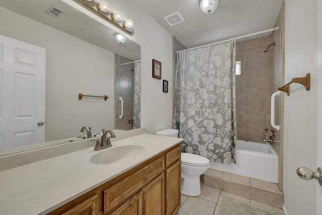 bathroom with vanity, tile patterned flooring, shower / tub combo with curtain, and visible vents