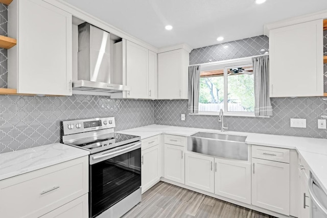 3412 Eldorado Trl, Austin, TX 78739 - kitchen featuring electric stove, wall chimney exhaust hood, open shelves, dishwasher, and white cabinets