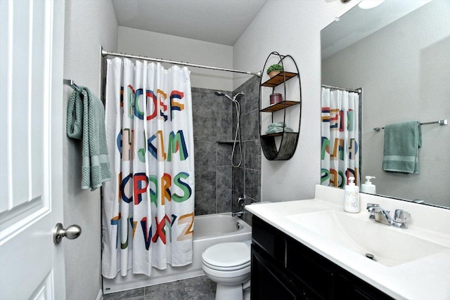 5741 Porano Cir, Round Rock, TX 78665 - full bathroom featuring vanity, shower / bath combo with shower curtain, and tile patterned flooring