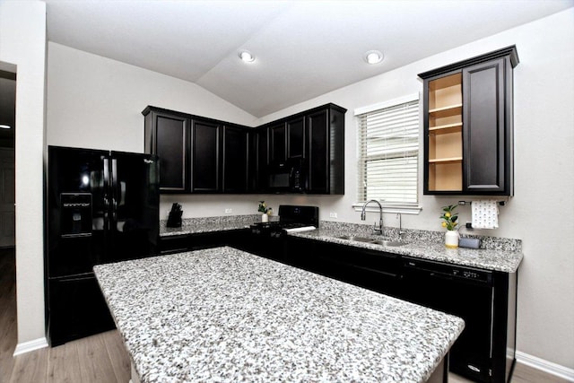5741 Porano Cir, Round Rock, TX 78665 - kitchen featuring black appliances, a center island, dark cabinets, light wood-type flooring, and lofted ceiling