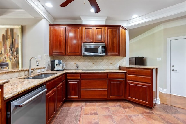 6425 Yaupon Dr, Austin, TX 78759 - kitchen featuring appliances with stainless steel finishes, ornamental molding, ceiling fan, light stone counters, and tasteful backsplash