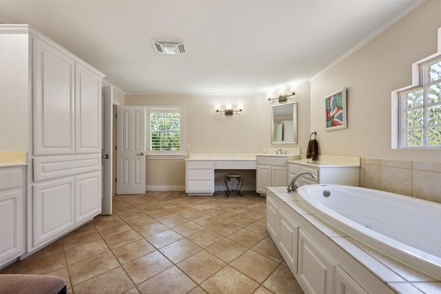 6425 Yaupon Dr, Austin, TX 78759 - bathroom with vanity, a jetted tub, and crown molding