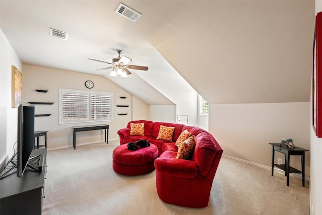6425 Yaupon Dr, Austin, TX 78759 - living room featuring carpet flooring, lofted ceiling, and a ceiling fan