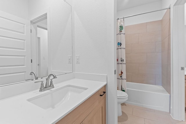 bathroom with shower / bath combination with curtain, toilet, vanity, and tile patterned floors