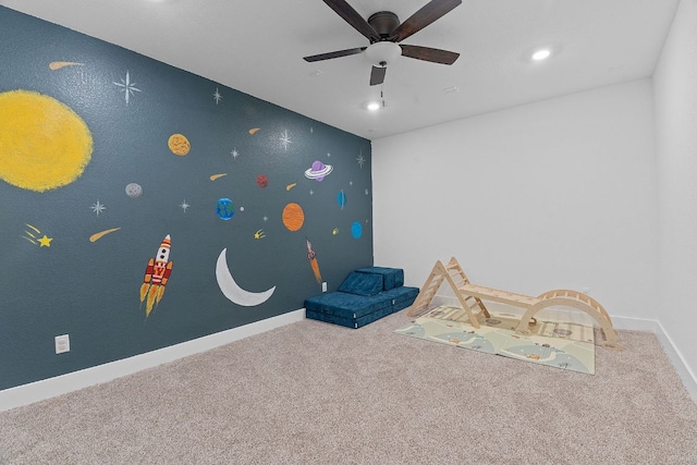 recreation room with recessed lighting, carpet floors, baseboards, and ceiling fan