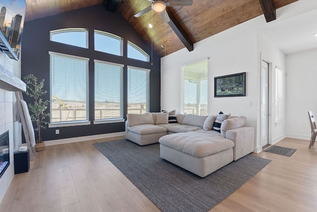 living room featuring a tiled fireplace, a healthy amount of sunlight, beam ceiling, and ceiling fan
