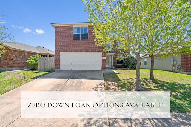 12833 Carillon Way, Manor, TX 78653 - traditional-style home featuring brick siding, driveway, a garage, and a front lawn
