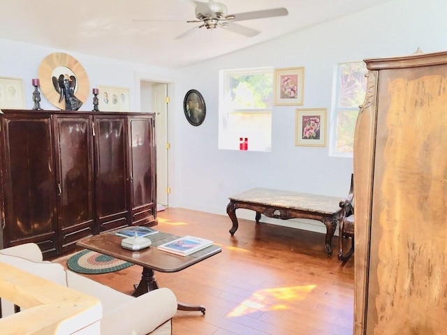 156 Lazy Leaf Ln, Wimberley, TX 78676 - living area featuring lofted ceiling, ceiling fan, and wood finished floors