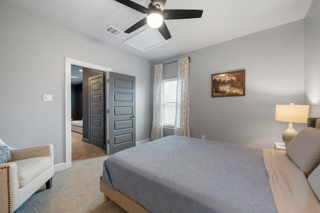 bedroom with carpet flooring, visible vents, baseboards, and ceiling fan