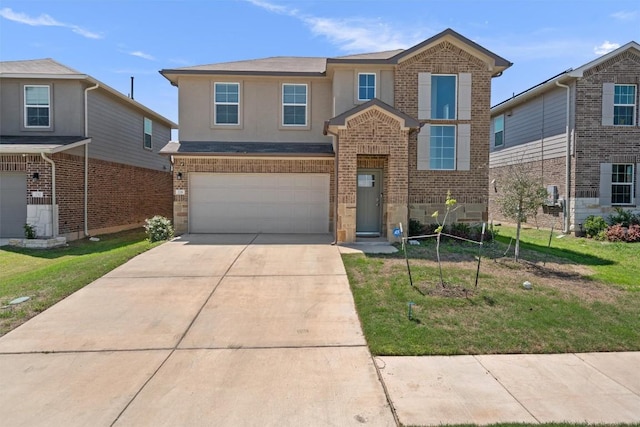 traditional home with driveway, stucco siding, brick siding, and a garage