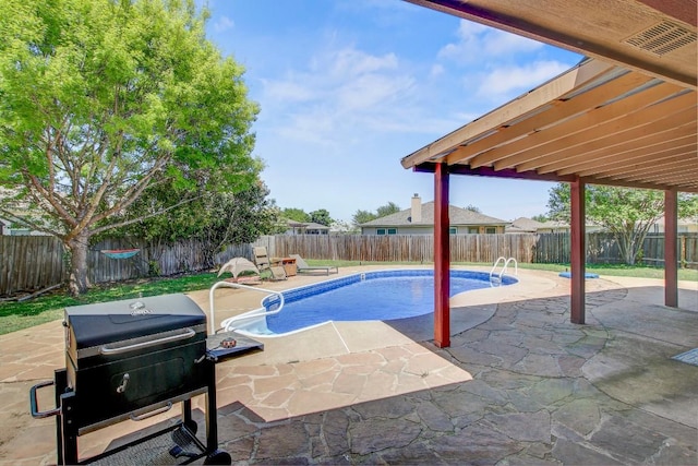 view of swimming pool featuring a fenced backyard, a grill, and a patio
