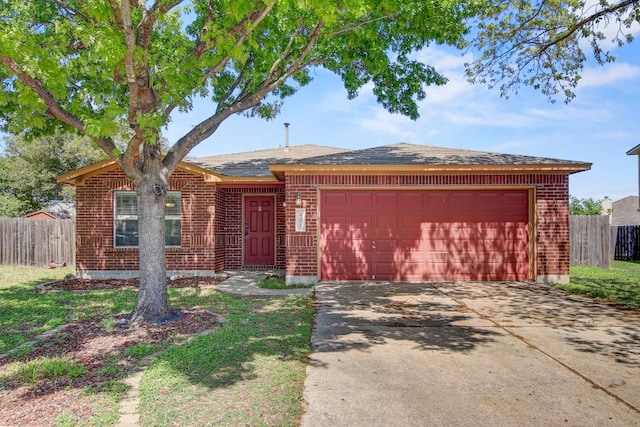 ranch-style house featuring brick siding, fence, concrete driveway, and a garage