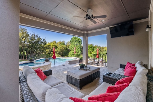 3817 Benetton Way, Leander, TX 78641 - view of patio featuring an outdoor hangout area, a ceiling fan, and a pool with connected hot tub