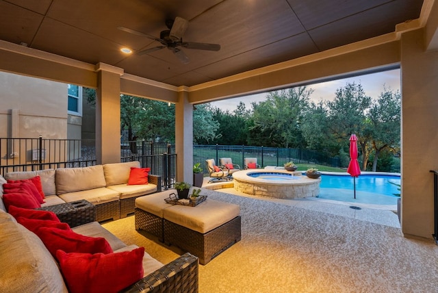 3817 Benetton Way, Leander, TX 78641 - fenced backyard featuring outdoor lounge area, a ceiling fan, a patio, and a pool with connected hot tub