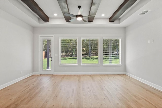 interior space with light wood-style floors, visible vents, plenty of natural light, and beam ceiling