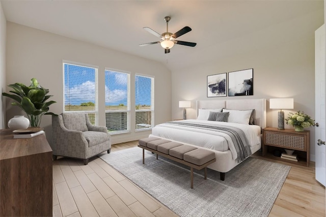 bedroom featuring ceiling fan and light wood-type flooring