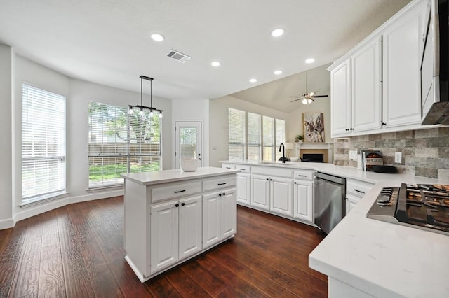 7802 Cheno Cortina Trl, Austin, TX 78749 - kitchen featuring a peninsula, a sink, recessed lighting, a fireplace, and appliances with stainless steel finishes