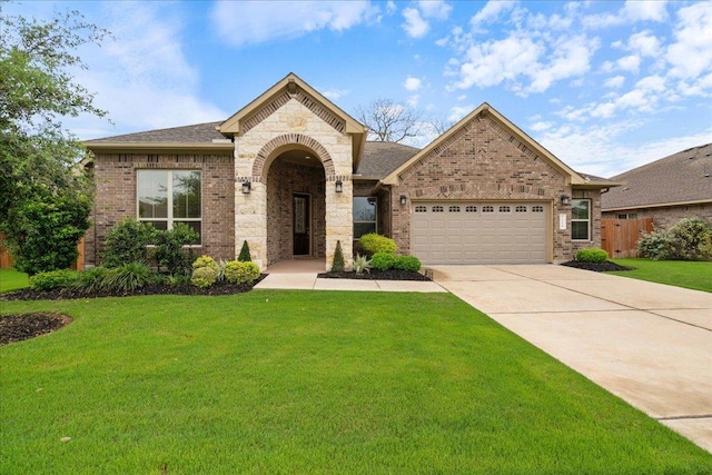 view of front of home featuring a garage, a front yard, concrete driveway, and brick siding