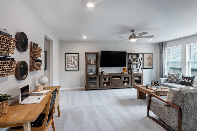 9709 Boathouse Dr, Austin, TX 78744 - living room featuring carpet flooring, ceiling fan, baseboards, recessed lighting, and a desk