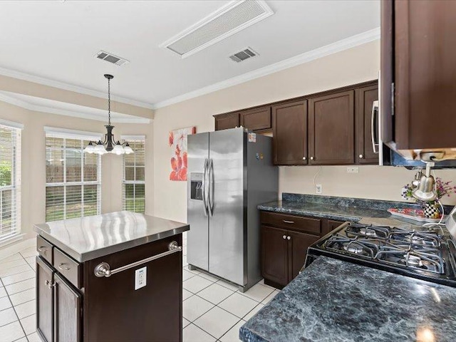 906 Woodhollow Ln, Cedar Park, TX 78613 - kitchen featuring visible vents, light tile patterned floors, dark brown cabinets, and stainless steel fridge with ice dispenser