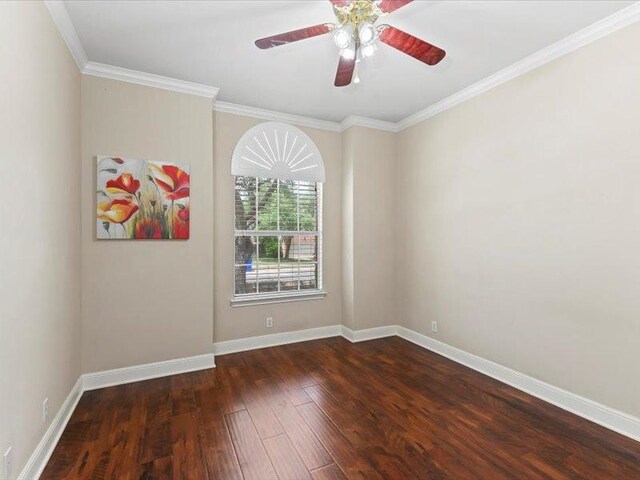 906 Woodhollow Ln, Cedar Park, TX 78613 - unfurnished room with baseboards, ornamental molding, a ceiling fan, and wood finished floors