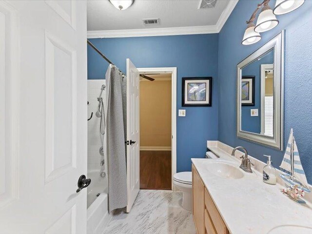 906 Woodhollow Ln, Cedar Park, TX 78613 - bathroom featuring visible vents, crown molding, toilet, and vanity
